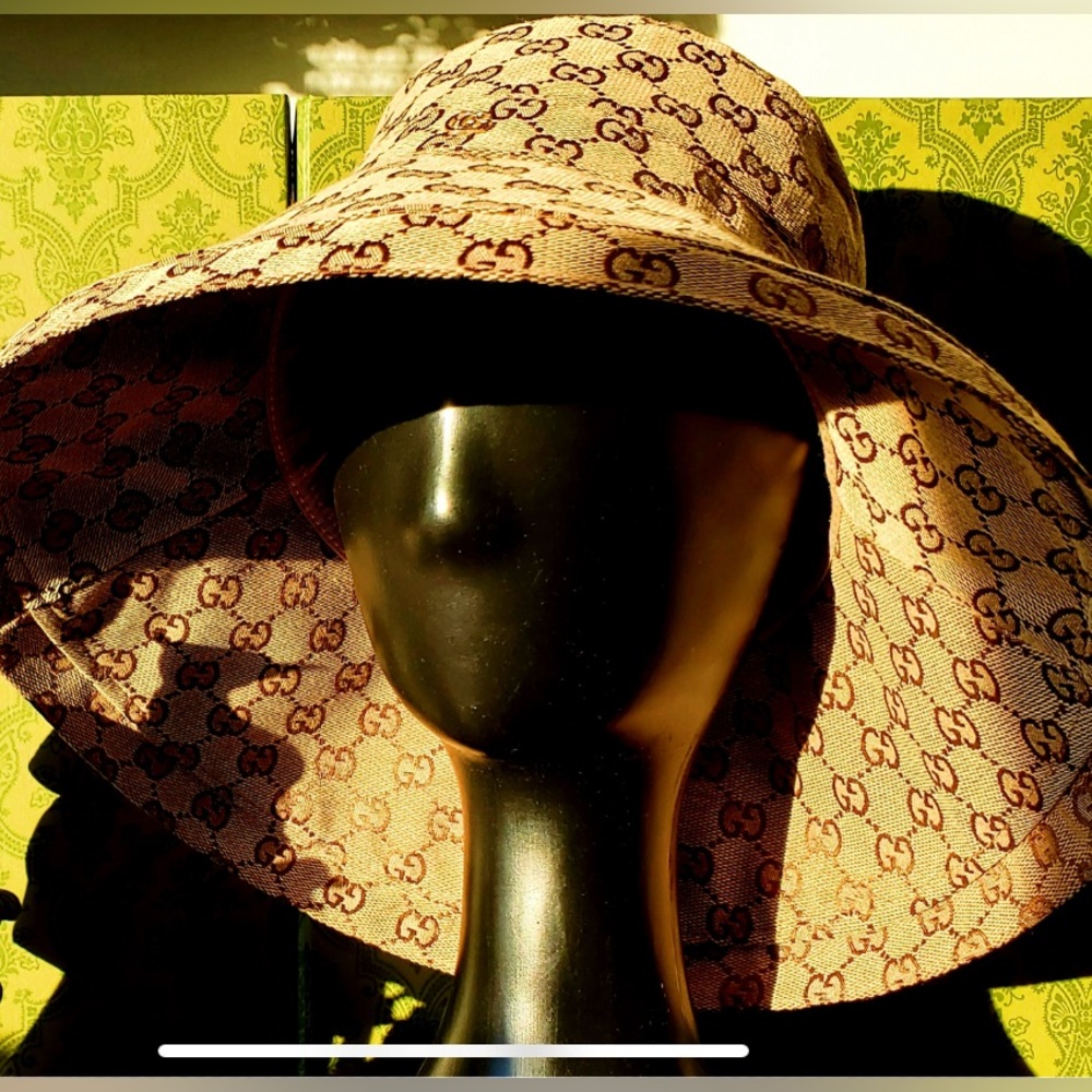 Beige Wide Brim Large Jacquard Canvas Monogram Bucket Hat Sun Coverage Beach New - Picture 3 of 16